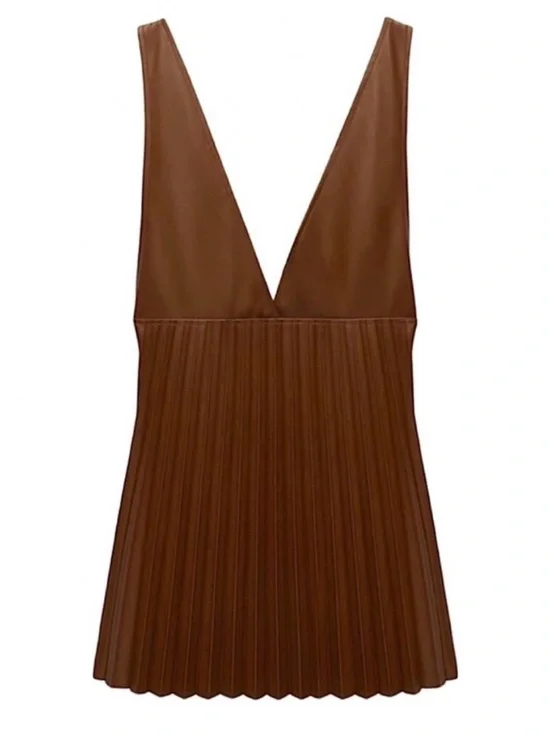 NWT ZARA Brown Vegan Leather Pleated Dress - Picture 3 of 9